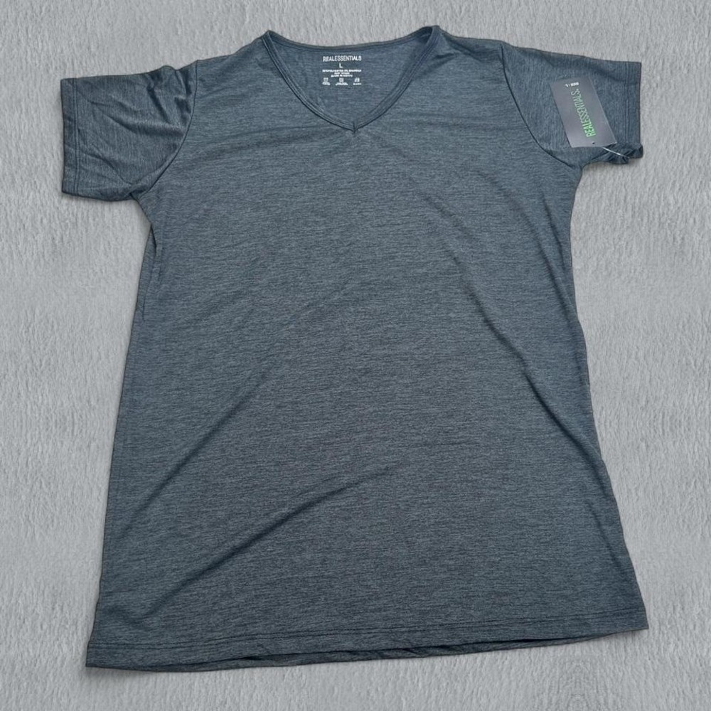 NWT Real Essentials Classic V Neck Shirt Mens L Blue Grey Short Sleeve Tee